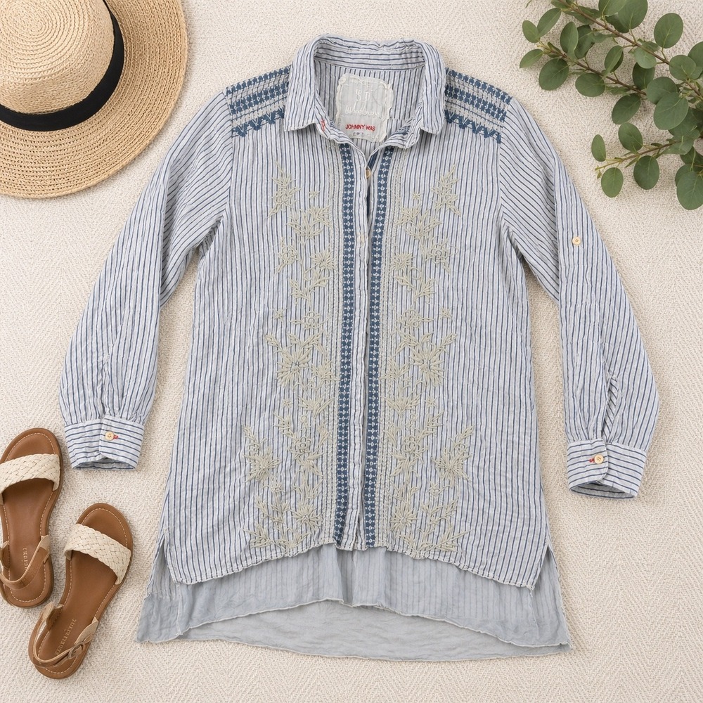 Johnny Was 3J Workshop Blue‎ White Striped Embroidered Tunic Shirt Womens S